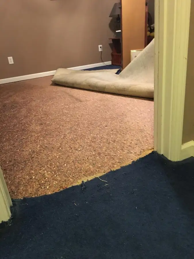 Carpet pad removal revealing water damage during Water Mitigation Services in Fairlawn